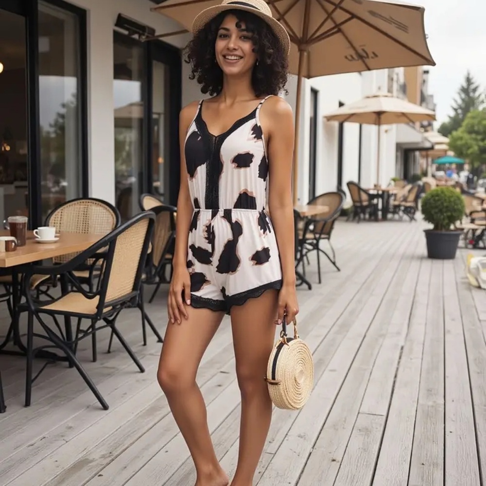 Animal Print Romper Black Lace Trim Cream Size L